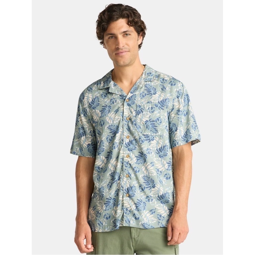 George Mens S Green Tropical Leaf Print Viscose Short Sleeve Camp Shirt Hawaiian